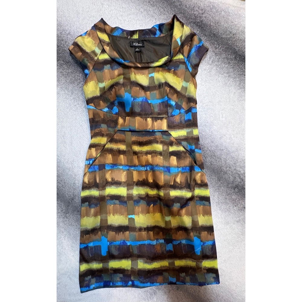 (A9) AGB Dress Womens 6 Blue Brown Lime Abstract Cowl Neck Sheath Cap Sleeve